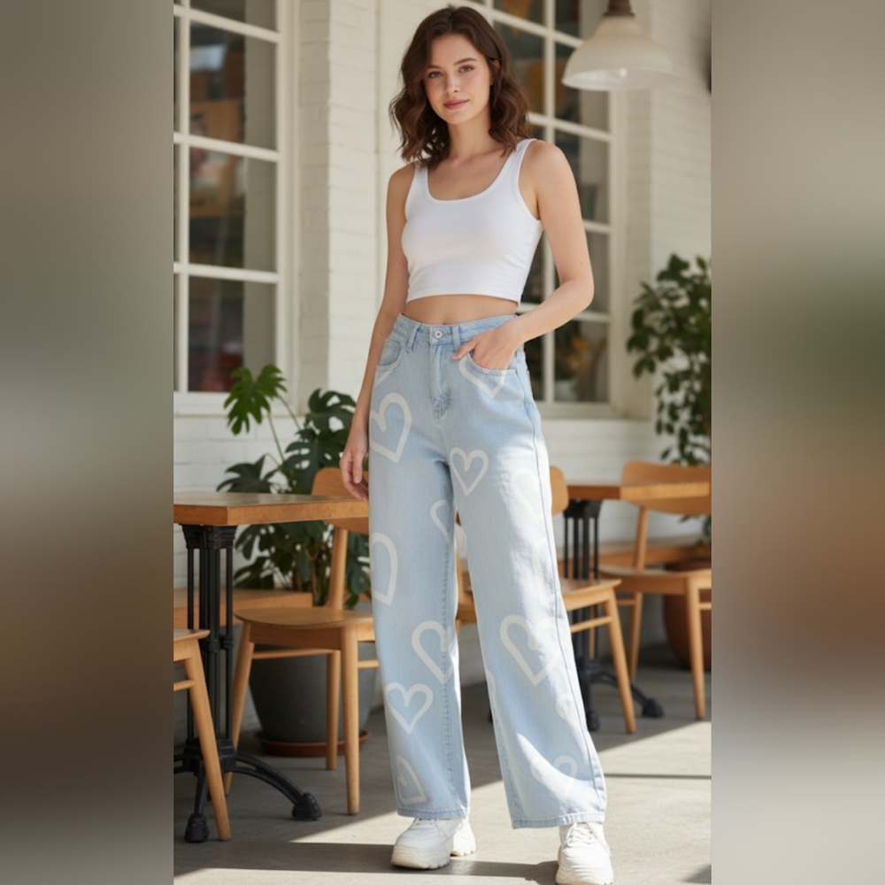 SHEIN Light Blue Heart Print Wide Leg Jeans